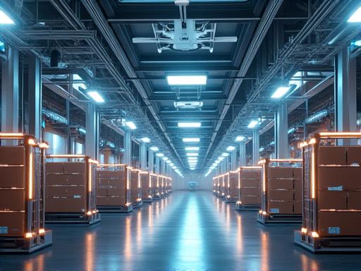 A logistics warehouse with automated drones and sensors.