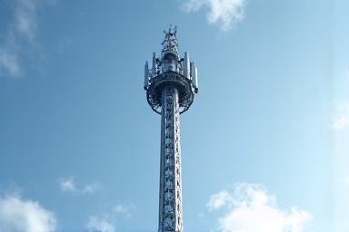 A modern 5G telecommunications tower.